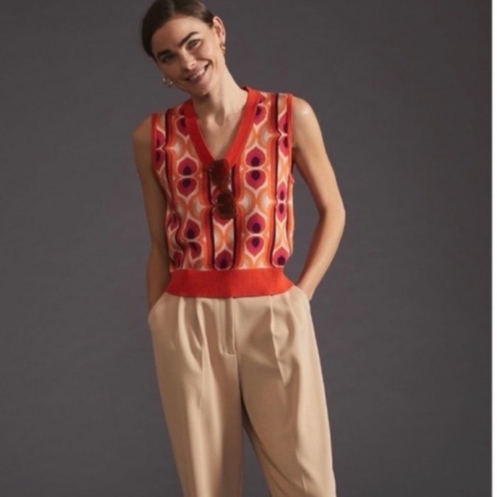 Maeve Anthropologie Orange Retro Geometric V-Neck Sweater Vest XS